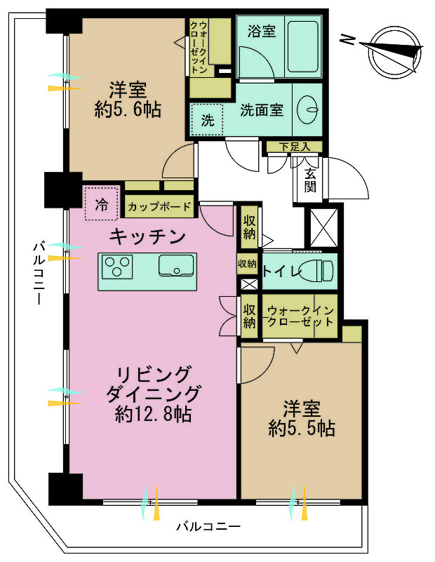 2LDK、専有面積54.62m2、バルコニー面積17.51m2