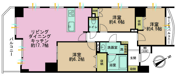 3LDK、専有面積72.08m2、バルコニー面積8.55m2