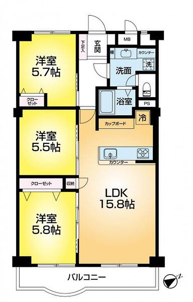 コスモハイツ六甲台(3LDK) 4階の間取り