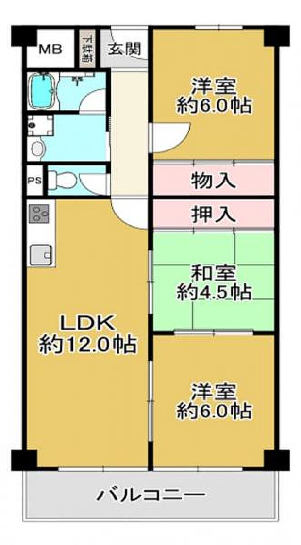 ハウス大歳山(3LDK) 5階の間取り