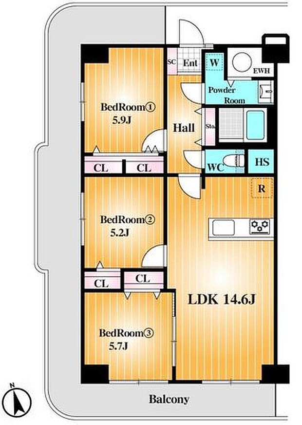 嬉しい南向き角部屋で採光・通風良好な住戸。LDにはエアコンを設置。全室バルコニーに面しています。