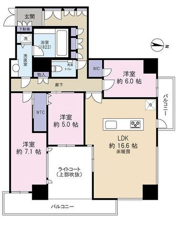 2面バルコニー＋吹き抜けのライトコートあり。全居室5.0帖超え＋各所に豊富な収納設備を設けています。