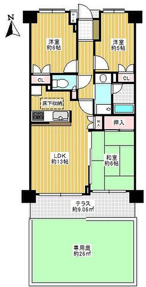 広々26m2の専用庭は、陽当たりの良い南向きです。和室の間仕切りを開放し、リビングと繋げれば広々約19.0帖に。手軽に間取り変更が出来ます。