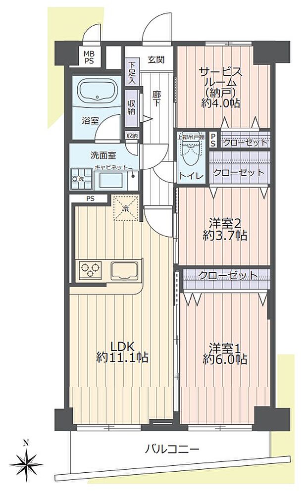 南向きにつき陽当たり良好な2SLDKのお部屋です。