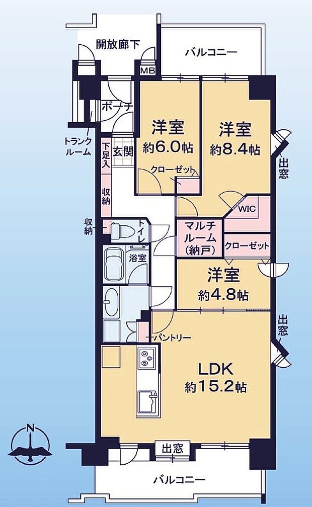 パントリー付LDK15.2帖、WIC付主寝室ゆったり8.4帖、便利な納戸あり、南北両面バルコニーの2階部分のお部屋です。