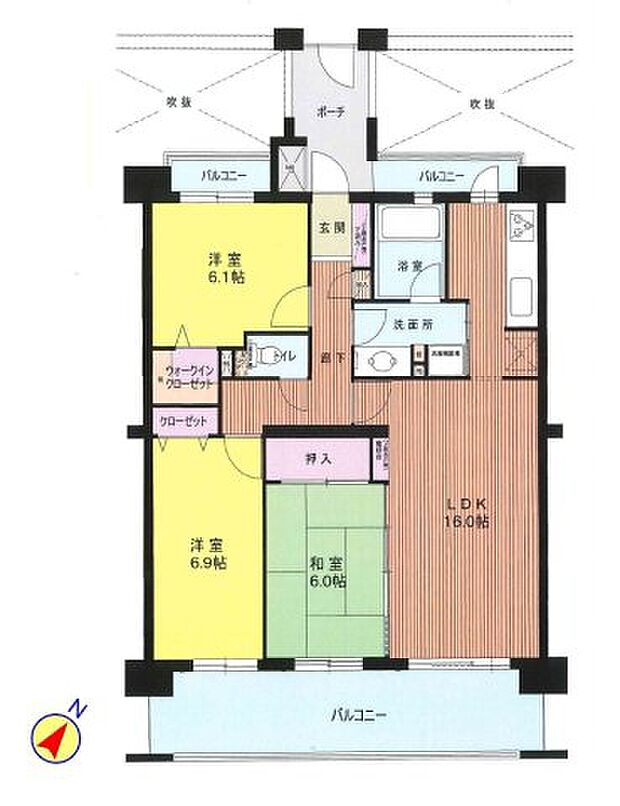 LDKゆったり16帖、WIC付主寝室6.1帖、全居室6帖以上・収納スペース付、日当たり・眺望良好なな6階部分のお部屋です。