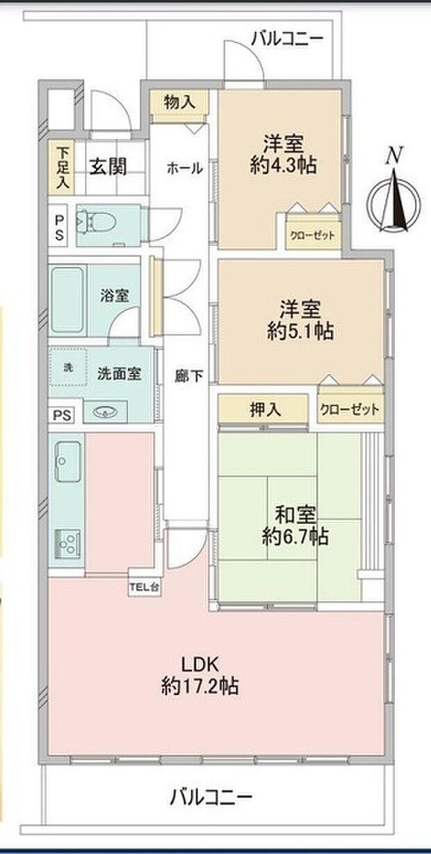 ライオンズマンション谷塚第2(3LDK) 2階の間取り