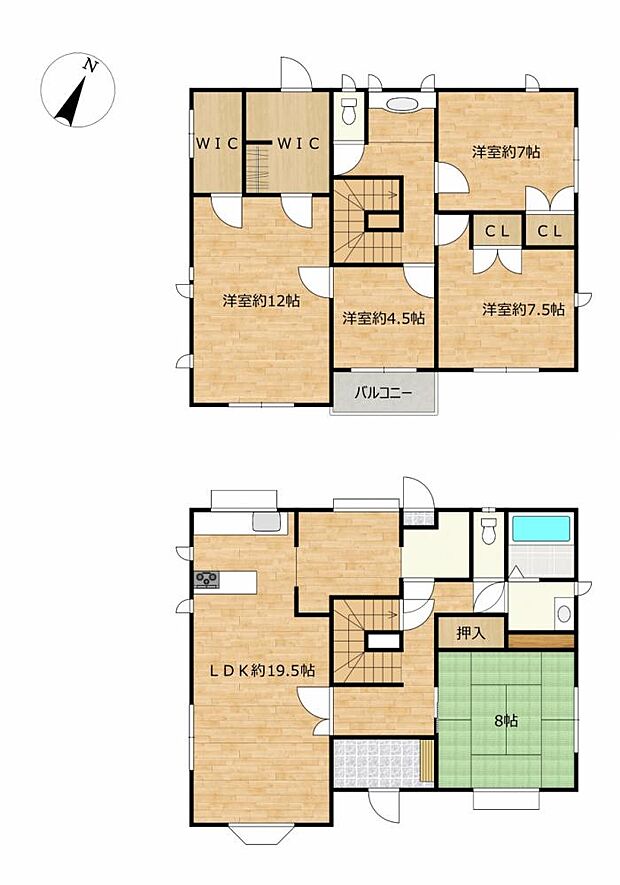 【間取図】1階にリビングと和室、2階に洋室3部屋と収納スペースを備える4SLDKの間取りです。