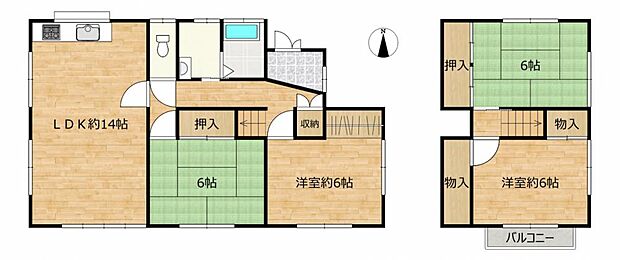 【間取り図】1階に約14帖のリビングと洋室、和室、2階に洋室、和室を備える4LDKの間取りにリフォームいたします。