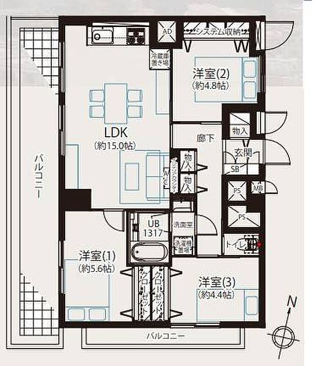 タカシマ志村マンション(3LDK) 13階の間取り