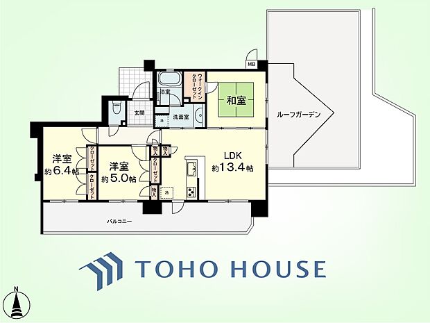 3LDK　専有面積69.50平米、バルコニー面積16.81平米、ルーフバルコニー面積33.40平米