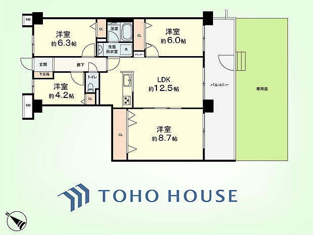 4LDK　専有面積82.30平米、専用庭面積36.44平米