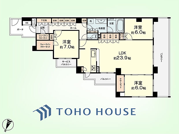 3LDK+TR　専有面積102.25平米、バルコニー面積27.12平米