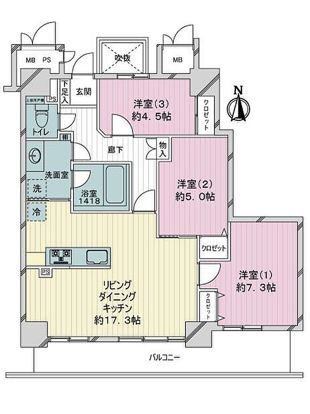 ライオンズタワー仙台長町(3LDK) 18階の間取り