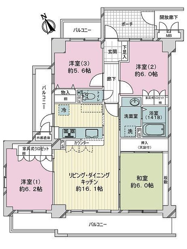 サーパス月丘町(4LDK) 3階の間取り