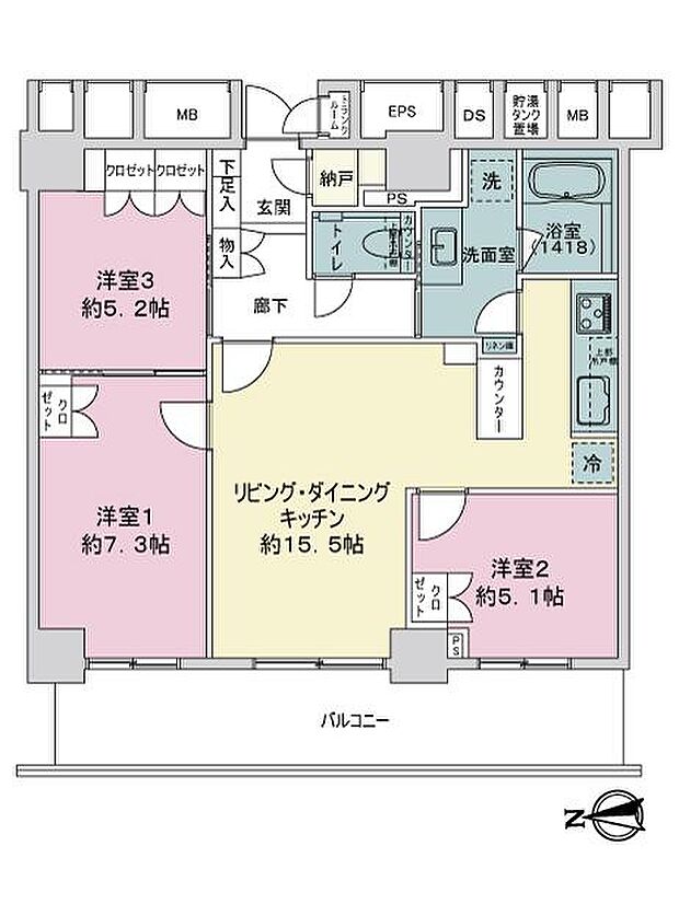 アーバンビュー宇品フェアコーストベイウイング(3LDK) 5階の間取り