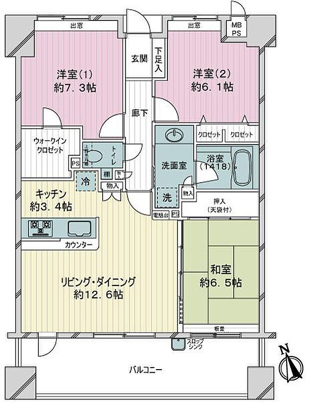 ライオンズマンション櫛原町(3LDK) 4階の間取り