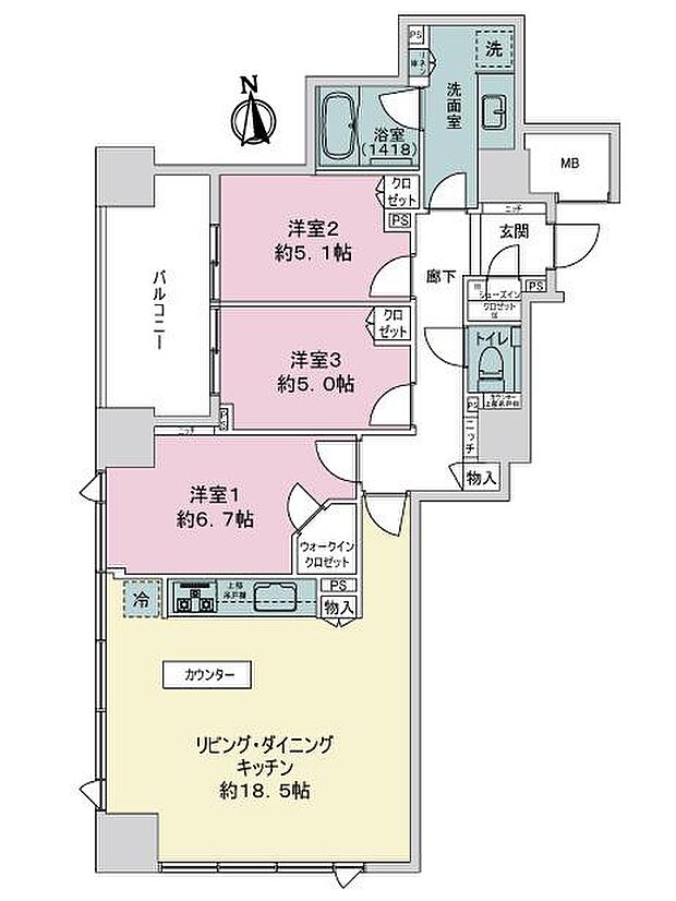 シティタワー宇都宮(3LDK) 6階の間取り