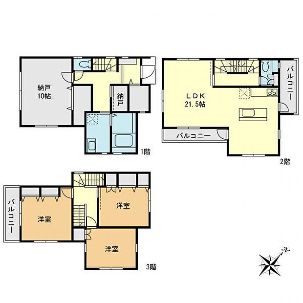 【間取図】全居室6.0帖以上。特に1階の10帖の居室と21.5帖のLDKは使いやすさ良好です。