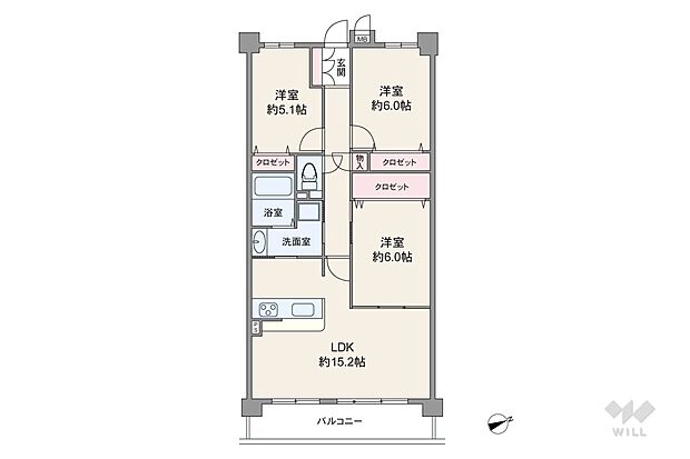 間取りは専有面積71.98平米の3LDK。LDK約15.2帖のプラン。バルコニー面積は9.60平米です。