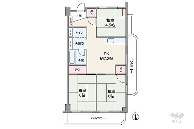 間取りは専有面積54.13平米の3DK。二面バルコニーで開放感のあるプラン。バルコニー面積は合計11.40平米です。個室は全部屋和室仕様。続き間が中心で、室内廊下部分が少なく、居室スペースが広いです。