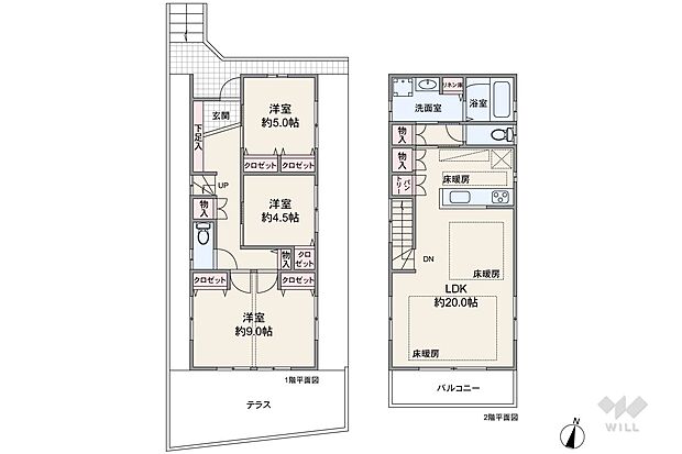 間取りは延べ床面積97.72平米の3LDK。2階には一度LDKを通ってアクセスするため、家族の動きがわかりやすく安心です。2階の洋室に壁を立てれば、4LDKとしても使えます（工事費要）。