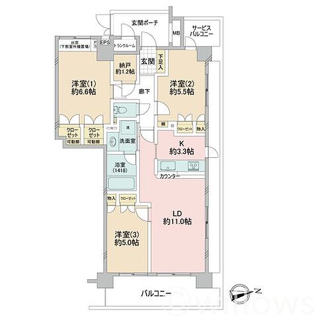 間取り図：3LDK　専有面積73.59平米、バルコニー面積7.54平米