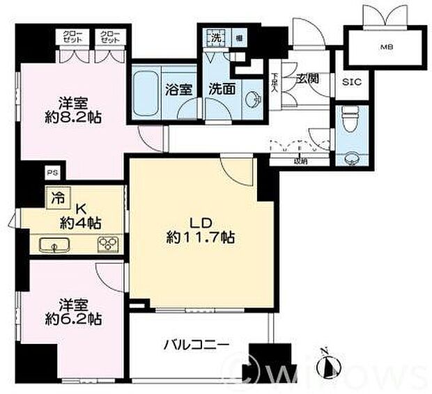 間取り図：2LDK　専有面積73.34平米、バルコニー面積7.63平米