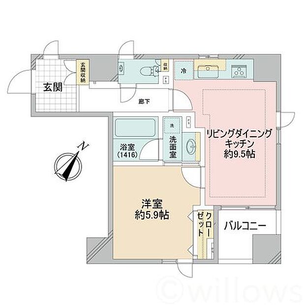 間取り図：1LDK　専有面積40.04平米。北東、南東角住戸で陽当たり・通風良好です。