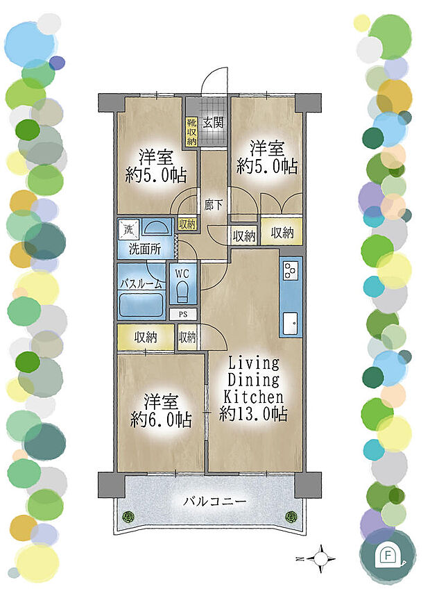 3LDK、61.60平米、バルコニー面積7.93平米、西向きバルコニー、３部屋すべてに窓と収納あり、廊下収納もあるので住空間すっきり保てます◎２０２３年４月リフォーム済のきれいなお部屋です！