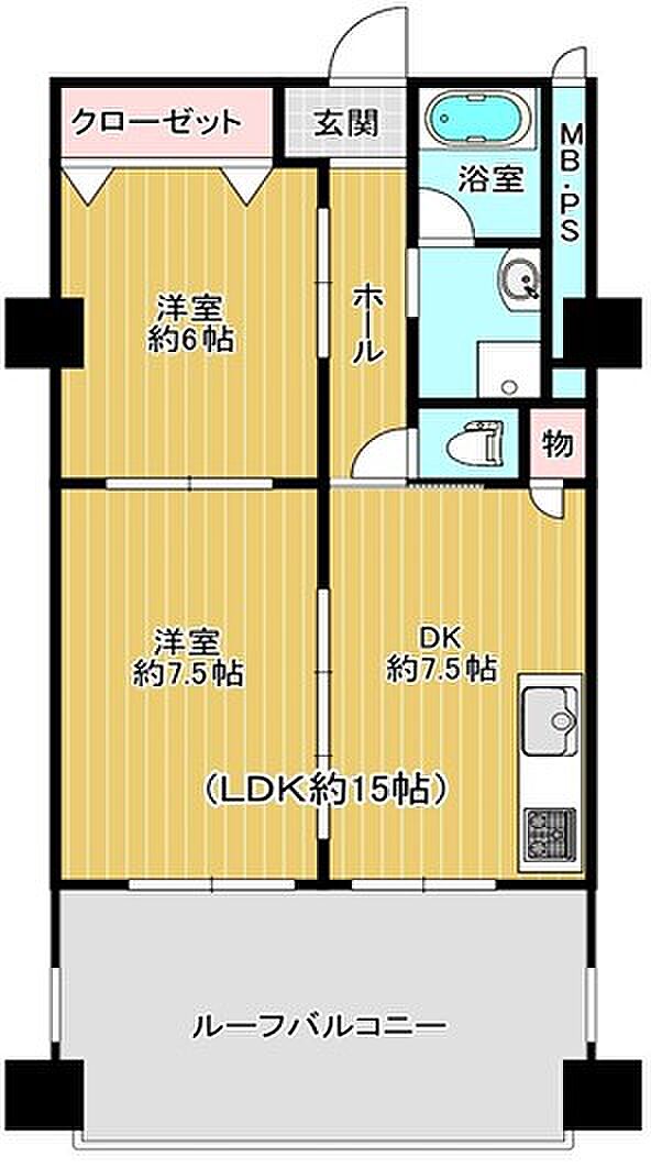 ２DK、専有面積５５．２０平米、バルコニー面積１８平米。２０２４年１月フルリフォーム済。南向きルーフバルコニー×約７．５帖のダイニングキッチンは陽当り・通風も良好。食洗機・宅配ボックスなど有り。