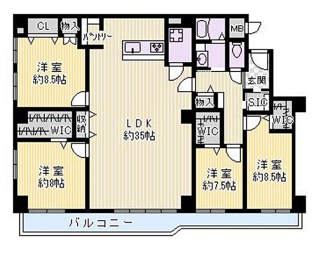 ４LDK、専有面積１５１．７７平米、バルコニー面積１４．３６平米。２０２４年１月リノベーション済！６階角部屋×約３５帖LDKは南東向きバルコニーに面し、陽当り・通風・眺望も良好です！