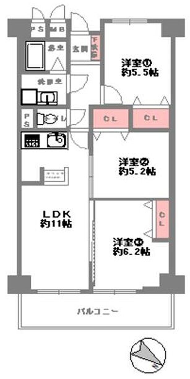 ３LDK、専有面積６２．３２平米、バルコニー面積８．４平米。２０２４年６月リフォーム完了です。１１階建て８階部分、北東向きバルコニーに面した約１１帖のLDKは、陽当り・通風・眺望も良好です！