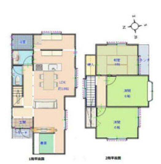 間取り：3LDK。土地面積：105.00？（31.76坪）。　建物面積：85.29？（25.80坪）。　構造：木造2階建て。間取り内訳：和6帖・洋6帖×2・LDK18帖。　築年月日：1989年12月。