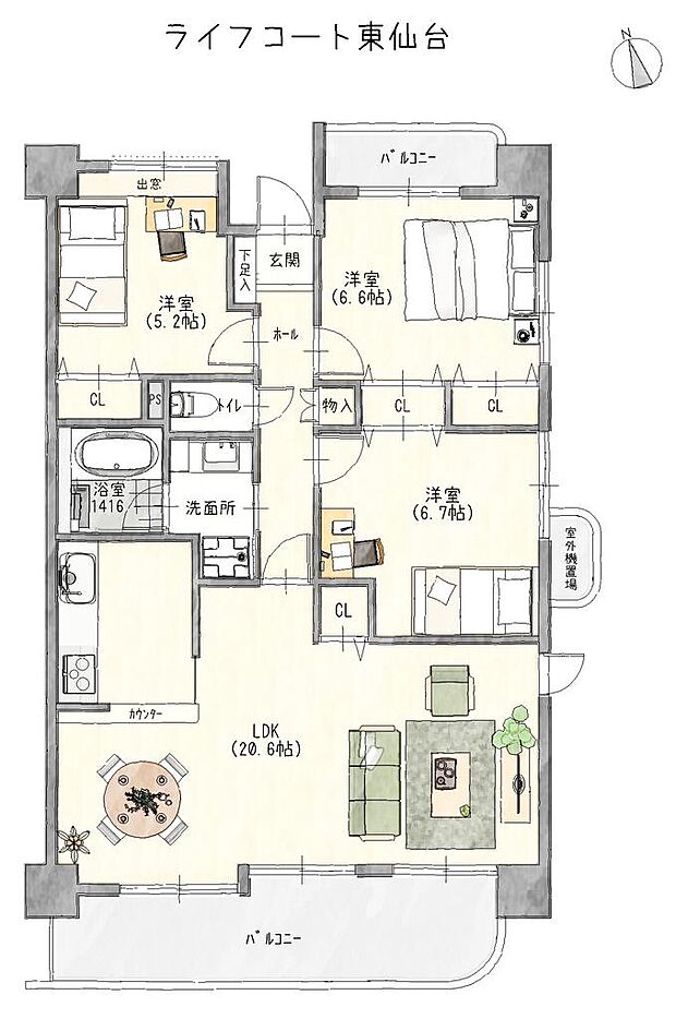 ライフコート東仙台(3LDK) 4階/404の間取り