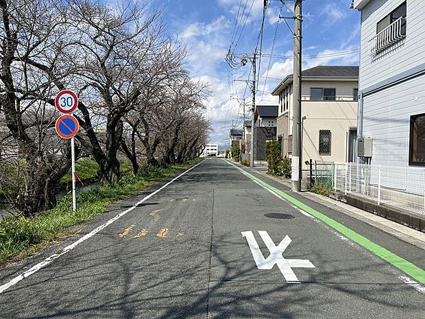 南側から北側に向かって撮影した前面道路です