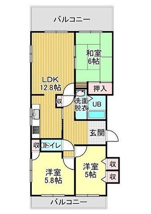 徳山駅から徒歩7分　サーパス平和大橋　中古マンション(3LDK) 7階の間取り