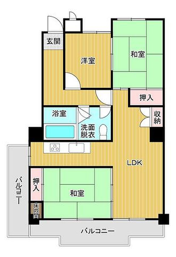 2面バルコニー　3LDK　ロイヤルマンション徳山(3LDK) 3階の間取り