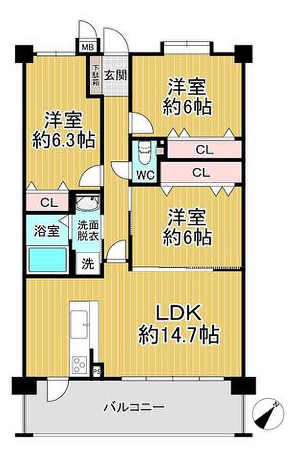 デュアルくずは東山(3LDK) 3階の間取り