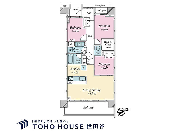 3LDK、建物面積73.48m2、バルコニー面積13.50m2