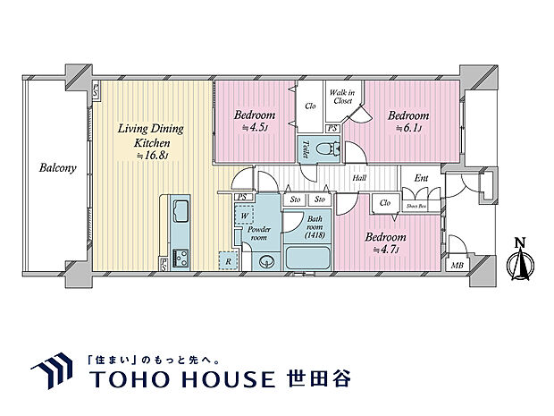 3LDK、専有面積73.22m2、バルコニー面積12m2