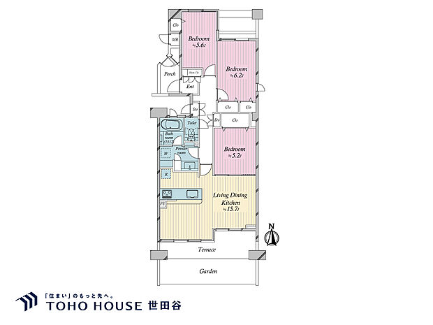 3LDK、専有面積75.24m2、専用庭面積12.40m2、テラス面積9.06m2