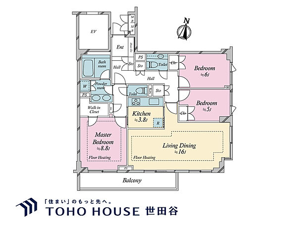 3LDK、建物面積95.91m2、バルコニー面積9.16m2