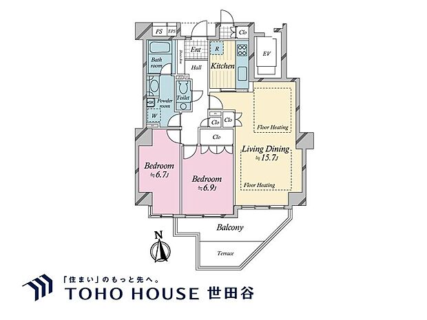 2LDK、専有面積111.14m2、バルコニー面積18.28m2