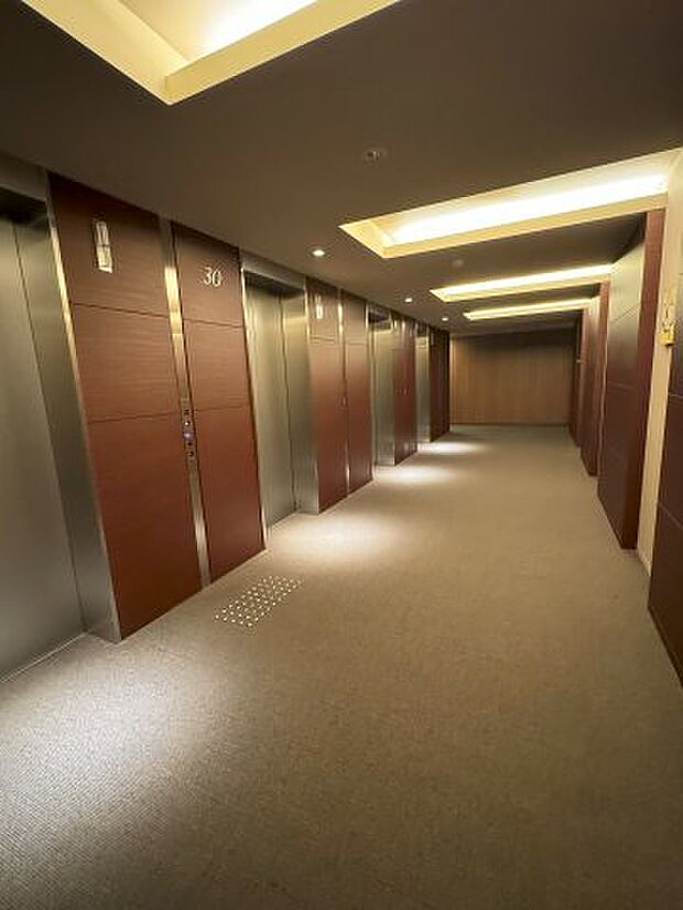 30階のエレベーター前です。内廊下で、程よい明るさになっています。