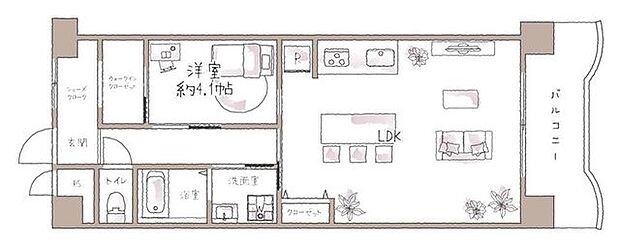 【間取図】ゆったりとした1LDKのお部屋。ウォークスルークローゼットが付いており、お一人暮らしに最適なレイアウトです