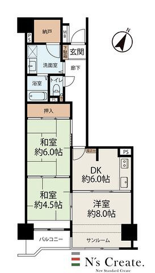 【間取図】サンルーム付きの3DK