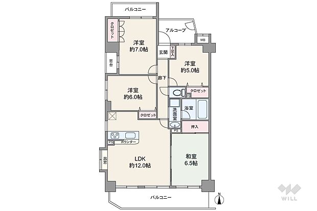 82.88平米の4LDK。両面バルコニー、専用アルコーブ付き。プライバシーに配慮されています。LDKは二面採光でキッチン横に窓付き。LDKと和室で約18.5帖の大きな一間としても使用できます。