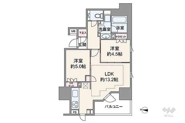 間取りは専有面積56.06平米の2LDK。全居室洋室仕様のプラン。個室2部屋はどちらもLDKから出入りする造りで、間仕切りを開放すればLDKとつなげて使うこともできます。