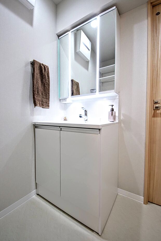 三面鏡にハンドシャワー付き。使いやすい洗面台。